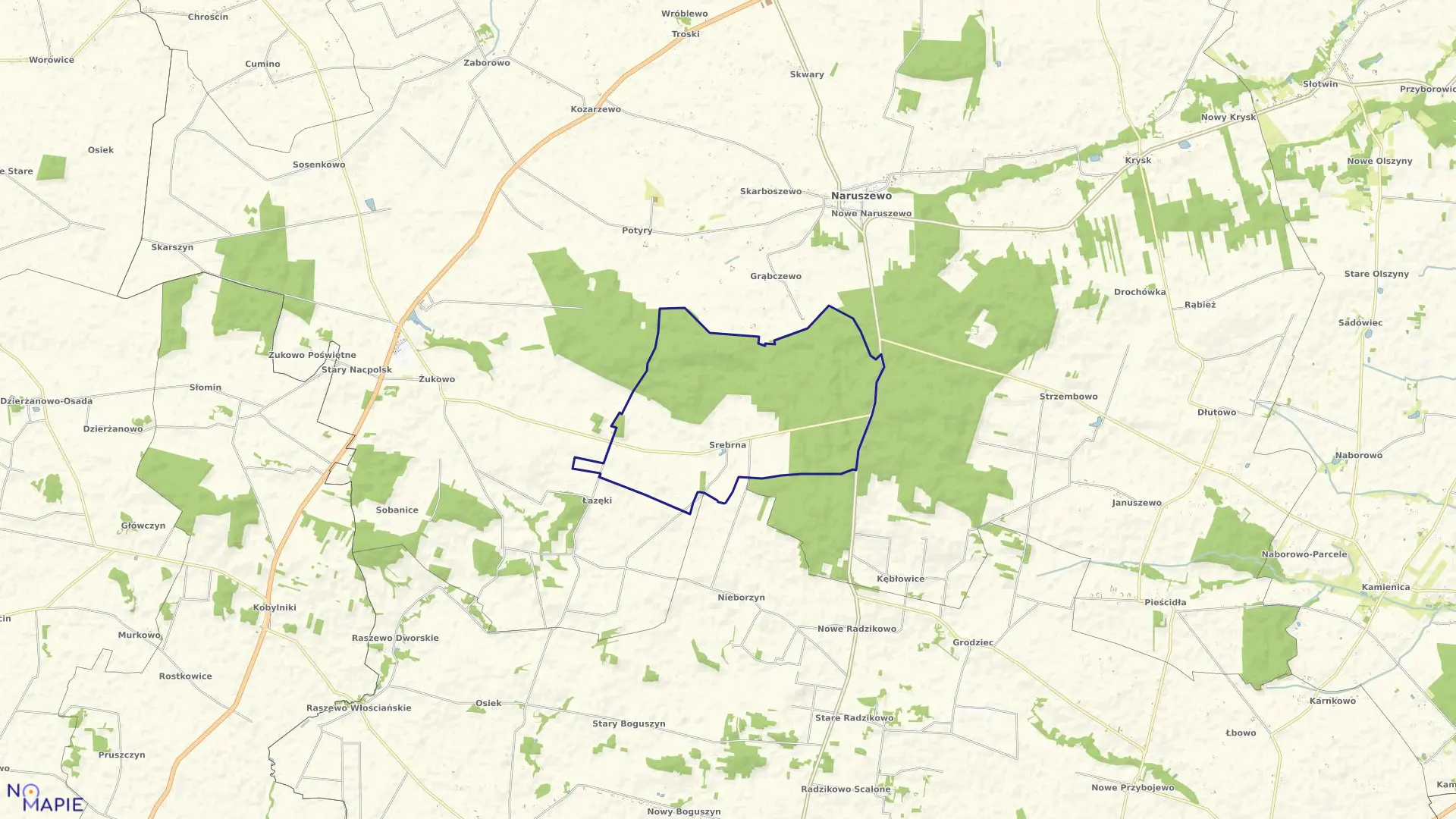 Mapa obrębu SREBRNA w gminie Naruszewo